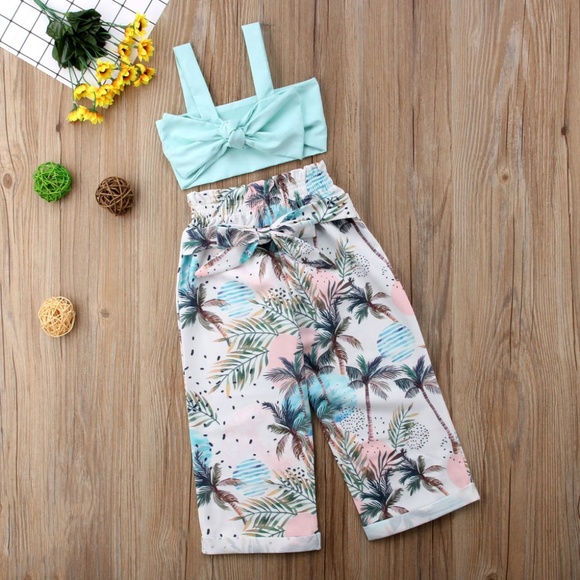 Other - Girls Palm Tree Pants with Blue Bow Crop Top